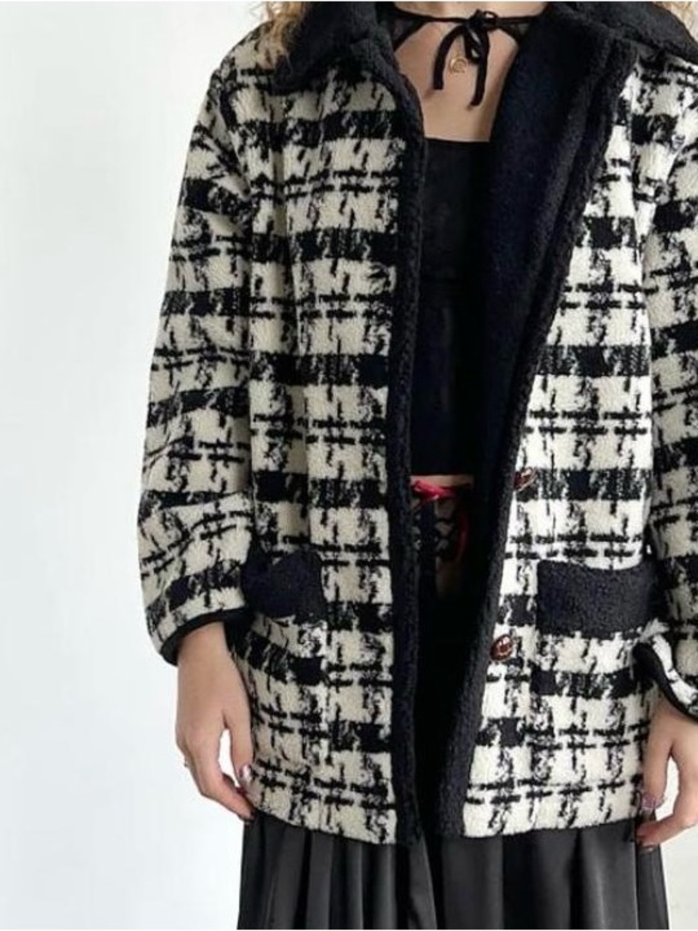 NWT Black & White Houndstooth Coat with Sherpa Trim
